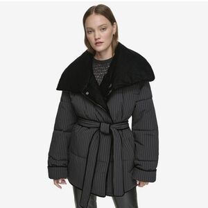 Andrew Marc Krithia Pinstripe Belted Puffer Coat Size S